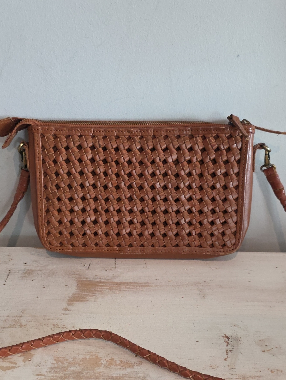 Bembien Woven Leather Crossbody Bag in Cognac